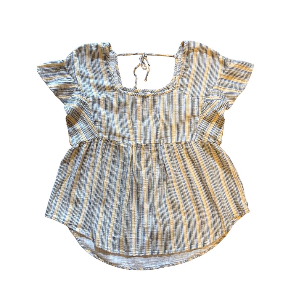 Sonoma Maternity Top Medium Yellow Blue Striped Cotton Gauze Tie
